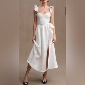 V. Chapman Vera Satin Ruffled-Sleeve Bustier Midi Dress